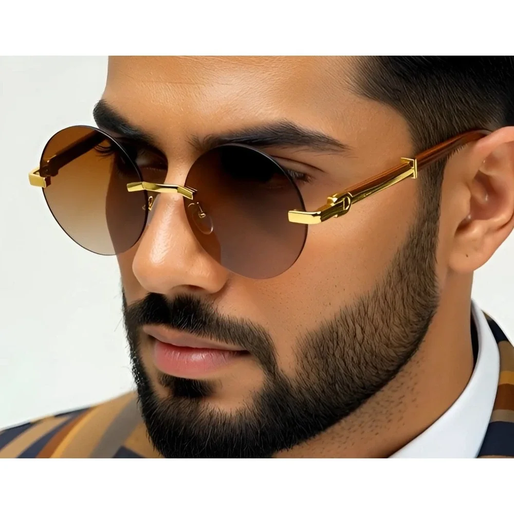 Rimless Sunglasses Round‎ Lens Wood Arms Gold Accents Men's Fashion Street Wear